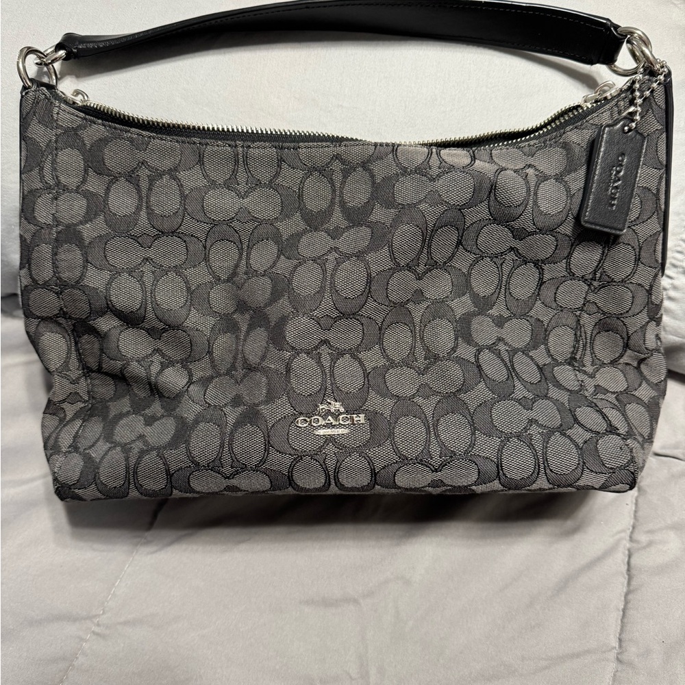 Coach Gray and Black Shoulder Bag with Signature Pattern